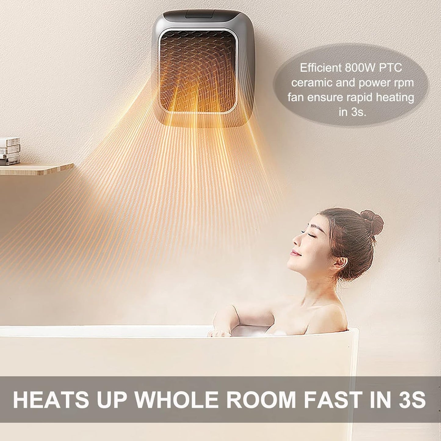 800w Space Heater Digital Electric Heater Wall Outlet Plug Small Fan Home Warmer