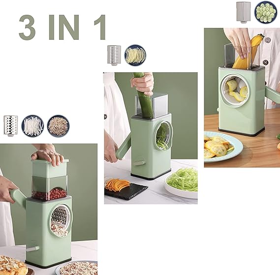 Rotary Cheese Grater with Handle, Storm Vegetable Cutter 6 in 1 with Suction Base, Multifunctional Cheese Shredder Easy to Use for Vegetables, Nuts, Hashbrown, Fruit