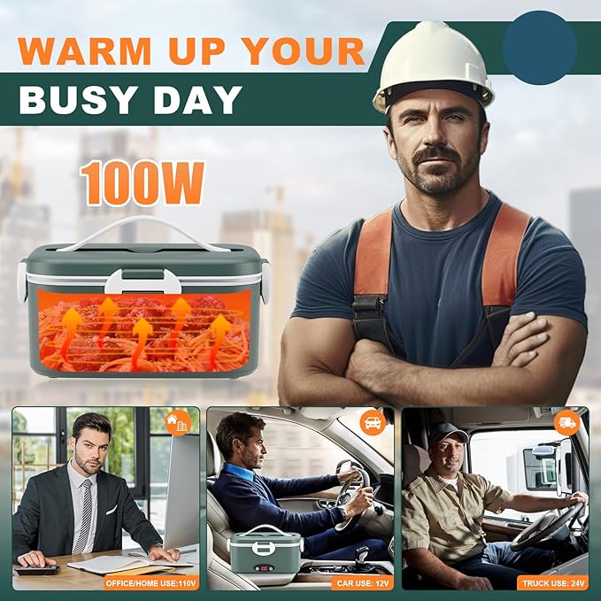 Electric Lunch Box with 3 Temperature Levels, 100W Fast Heating heated lunch box, 12V/24V/110V 1.8L Portable Food Warmer for Office