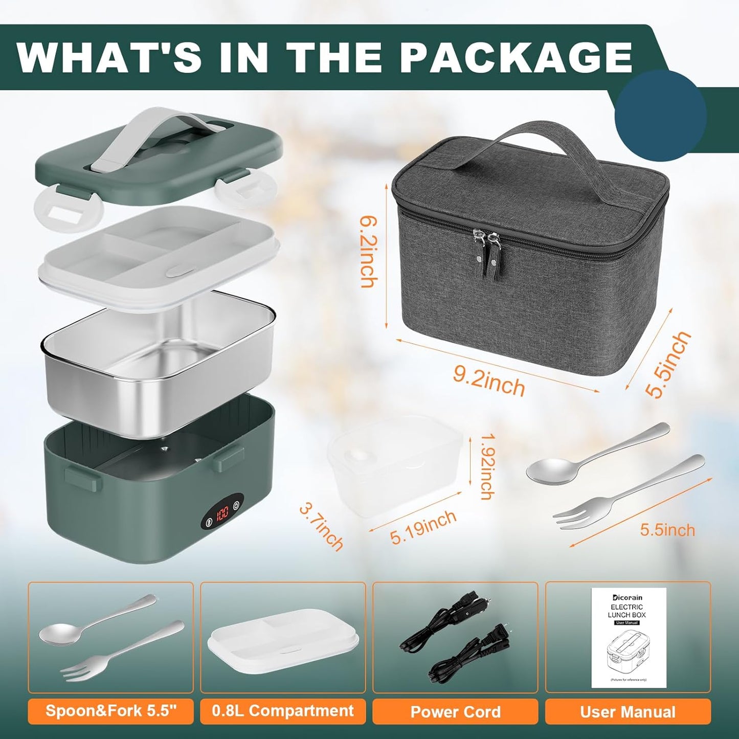 Electric Lunch Box with 3 Temperature Levels, 100W Fast Heating heated lunch box, 12V/24V/110V 1.8L Portable Food Warmer for Office