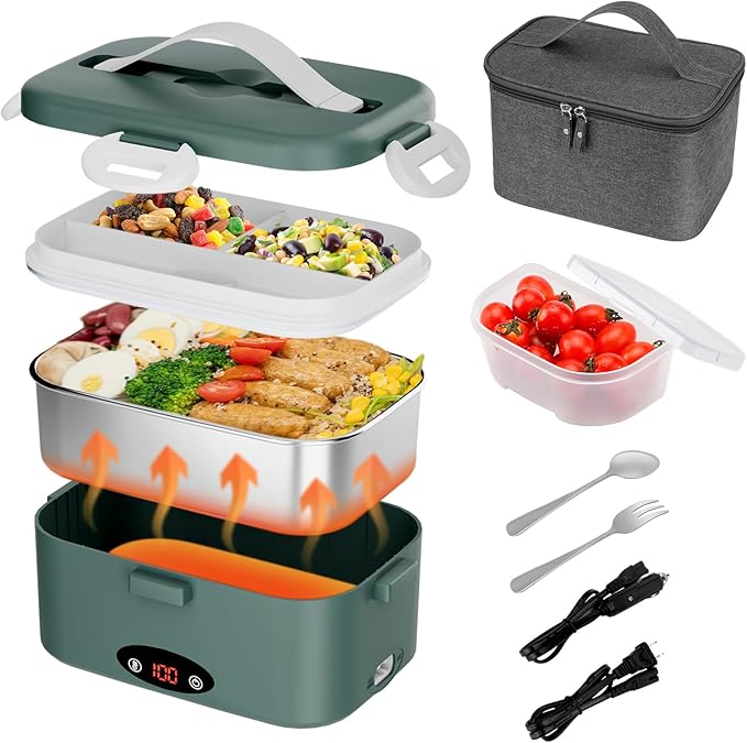 Electric Lunch Box with 3 Temperature Levels, 100W Fast Heating heated lunch box, 12V/24V/110V 1.8L Portable Food Warmer for Office