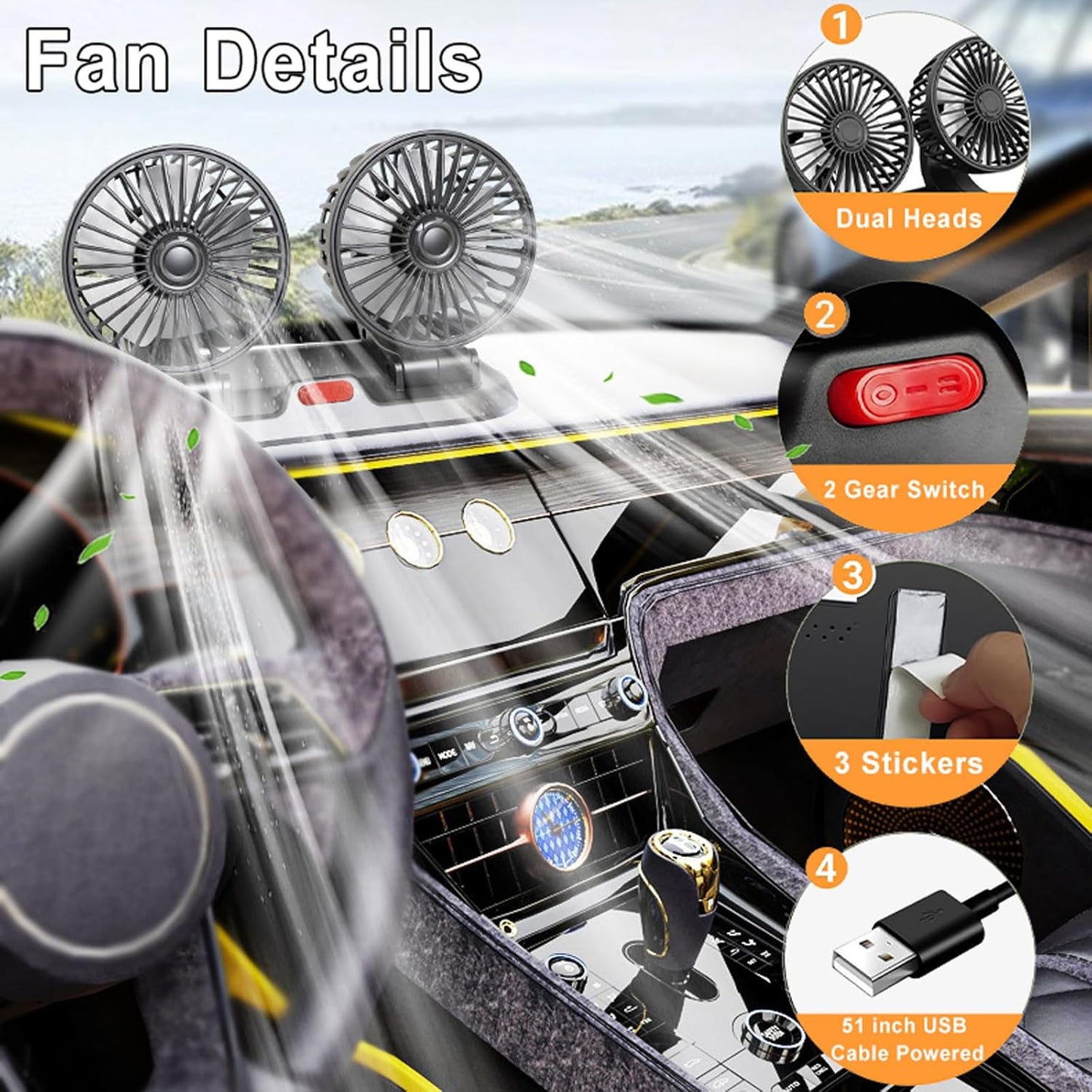 Universal Dual Head Car Fan – 12V Mini Electric Cooling Fan