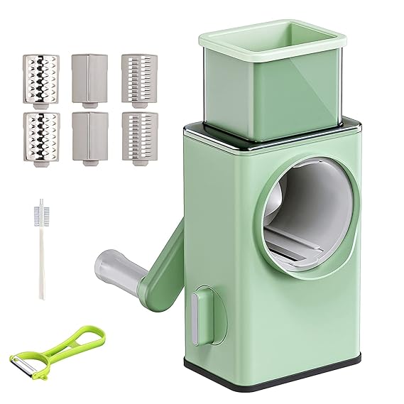 Rotary Cheese Grater with Handle, Storm Vegetable Cutter 6 in 1 with Suction Base, Multifunctional Cheese Shredder Easy to Use for Vegetables, Nuts, Hashbrown, Fruit