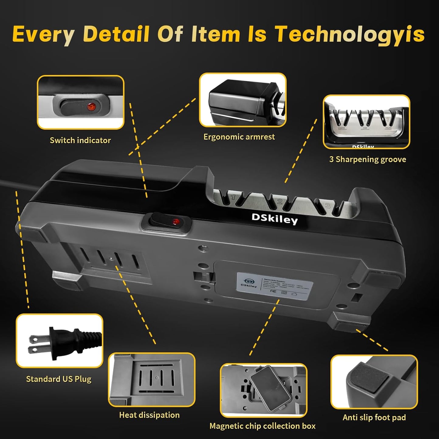 Professional 3-stage Electric Knife Sharpener for Kitchen Knives, with 100% Diamond Abrasive 20° Precision Angle Guide, Quickly Sharpening,