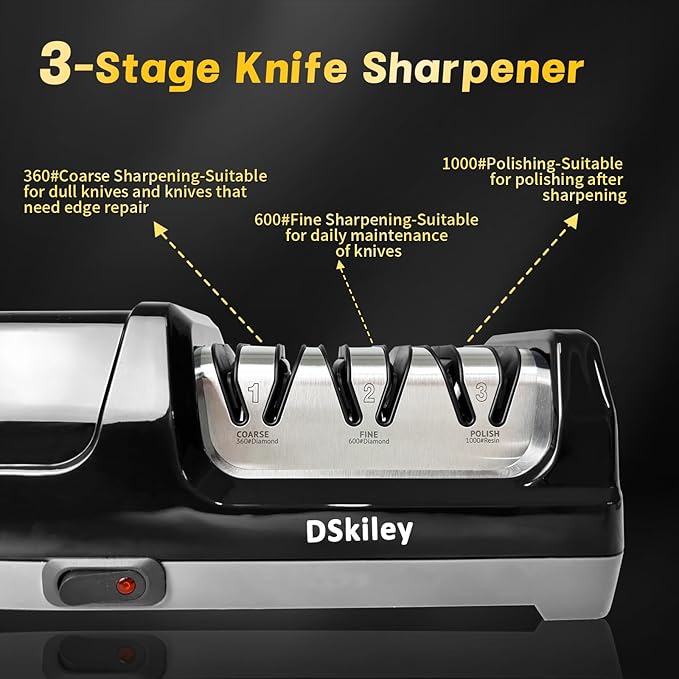 Professional 3-stage Electric Knife Sharpener for Kitchen Knives, with 100% Diamond Abrasive 20° Precision Angle Guide, Quickly Sharpening,