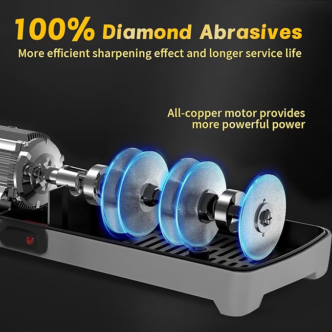 Professional 3-stage Electric Knife Sharpener for Kitchen Knives, with 100% Diamond Abrasive 20° Precision Angle Guide, Quickly Sharpening,