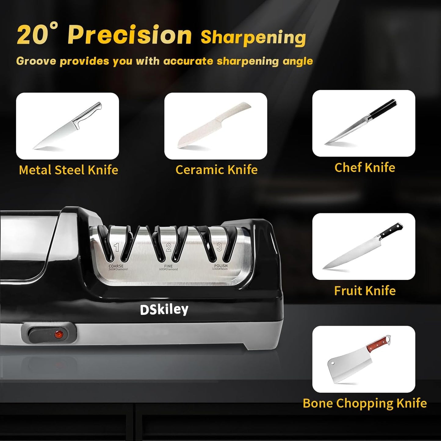 Professional 3-stage Electric Knife Sharpener for Kitchen Knives, with 100% Diamond Abrasive 20° Precision Angle Guide, Quickly Sharpening,