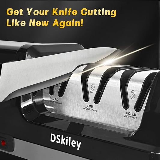 Professional 3-stage Electric Knife Sharpener for Kitchen Knives, with 100% Diamond Abrasive 20° Precision Angle Guide, Quickly Sharpening,