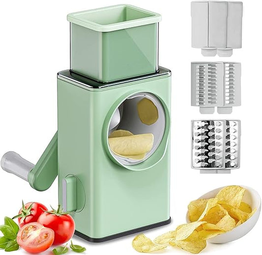 Rotary Cheese Grater with Handle, Storm Vegetable Cutter 6 in 1 with Suction Base, Multifunctional Cheese Shredder Easy to Use for Vegetables, Nuts, Hashbrown, Fruit