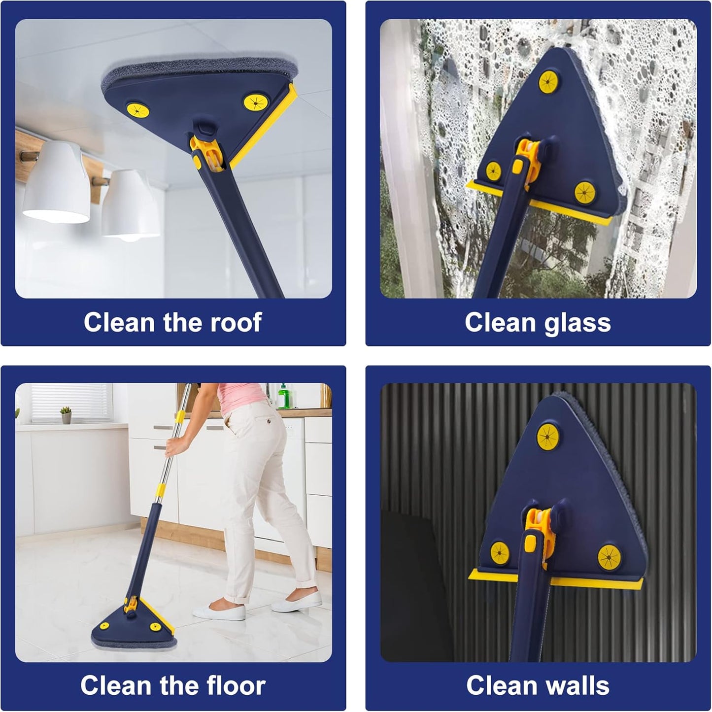 Extended Triangle Mop 360 Twist Squeeze Wringing Window Glass Toilet Bathroom Floor