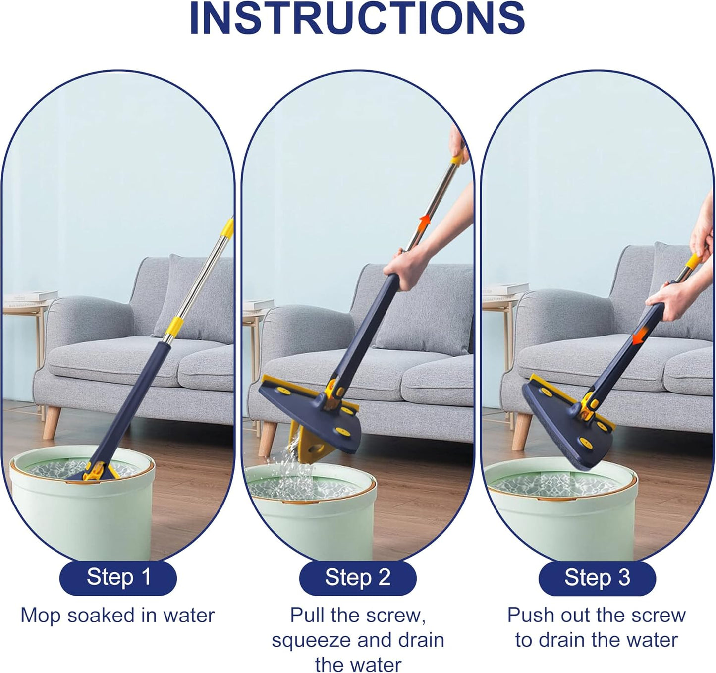 Extended Triangle Mop 360 Twist Squeeze Wringing Window Glass Toilet Bathroom Floor